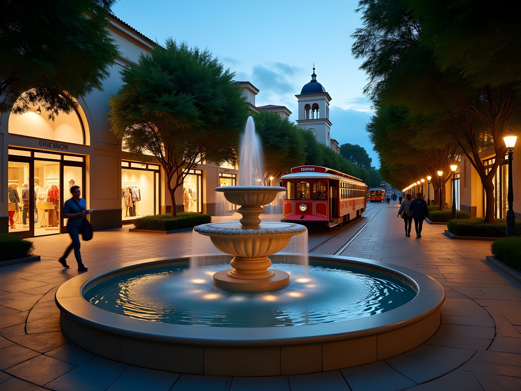 The Grove's dancing fountain illuminated at twilight with luxury shopping in background