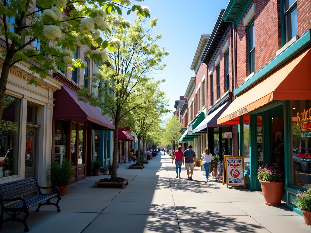 Colorful storefronts along Bardstown Road with shoppers browsing outside vintage stores