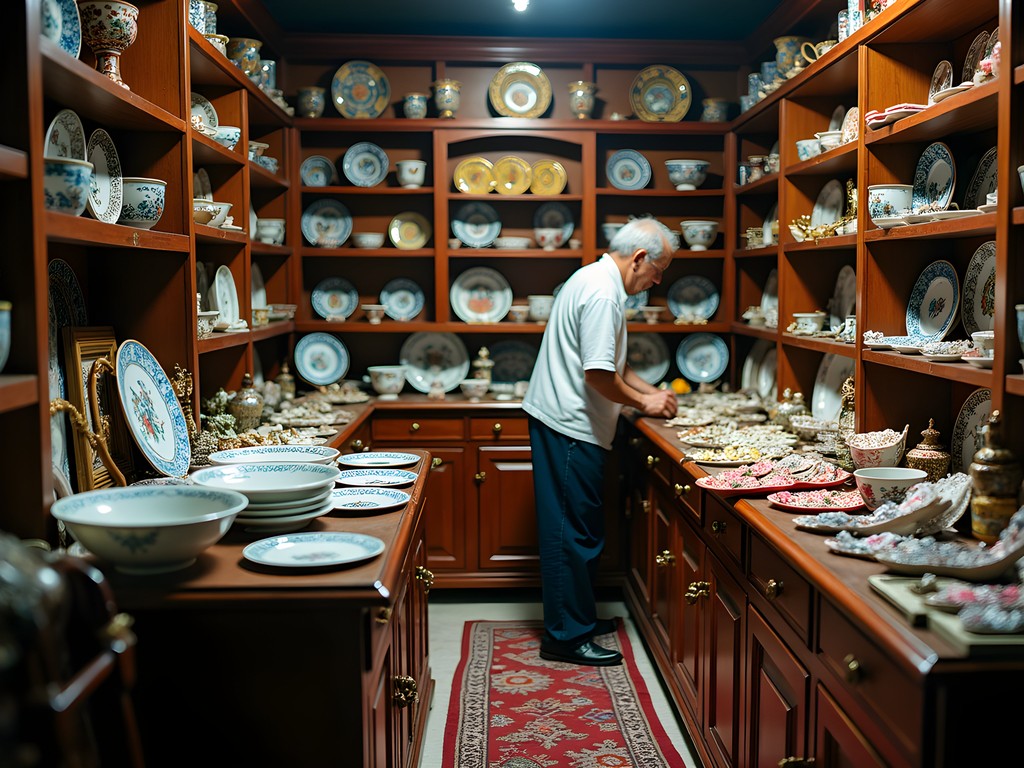 Interior of traditional Peranakan antique shop in Malacca displaying colorful porcelain and beaded artifacts