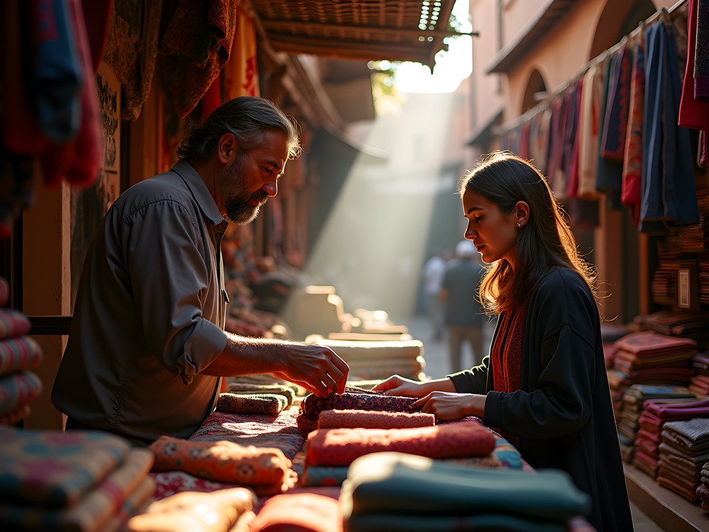 Business traveler negotiating with Moroccan merchant over colorful textiles in Marrakech souk