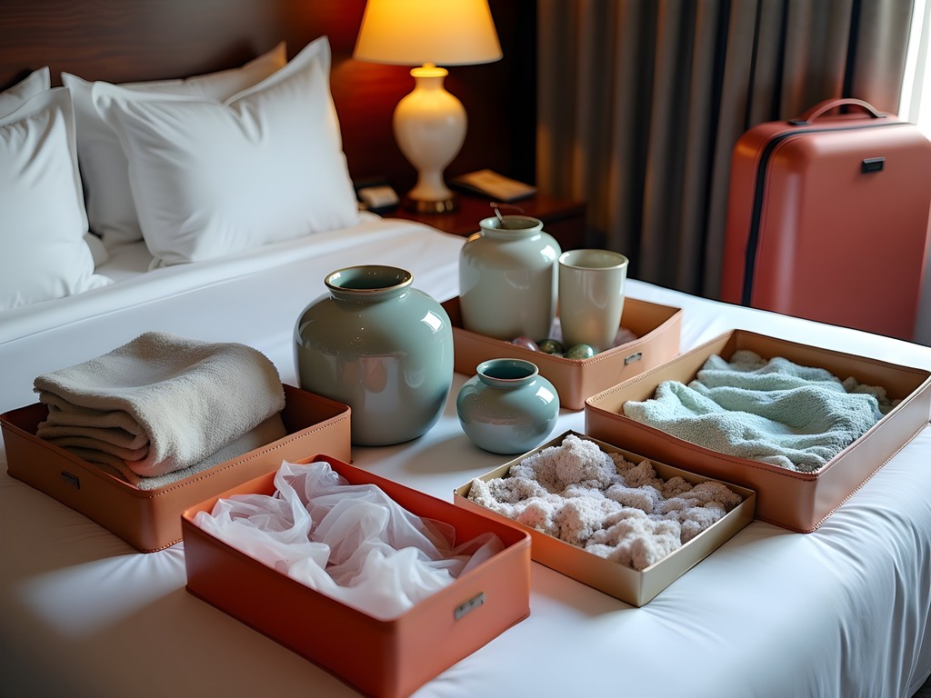 Travel agent carefully packing Moroccan souvenirs and purchases in hotel room using specialized techniques