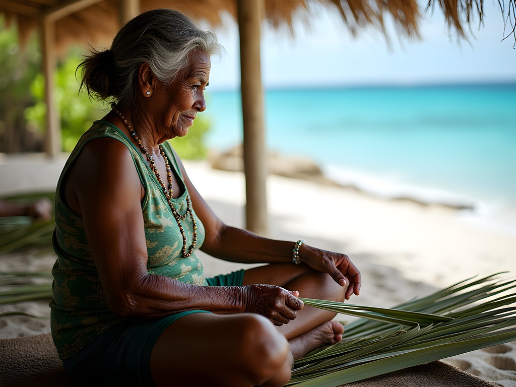Local Nauruan artisan demonstrating traditional pandanus leaf weaving techniques in Meneng District