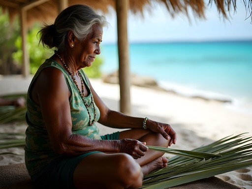 Local Nauruan artisan demonstrating traditional pandanus leaf weaving techniques in Meneng District