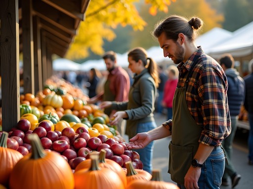 Colorful fall produce display at Montpelier Farmers Market with local vendors