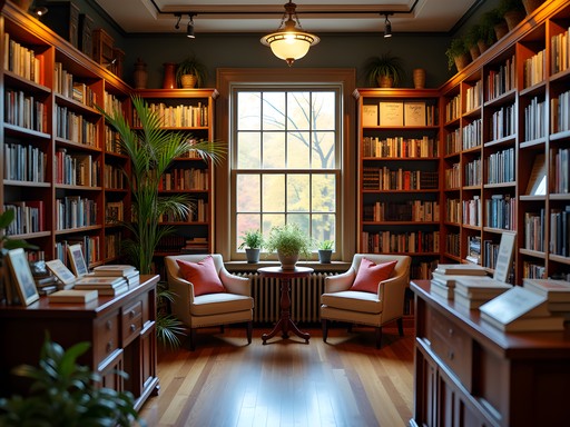 Cozy reading corner in a Montpelier independent bookstore with fall views