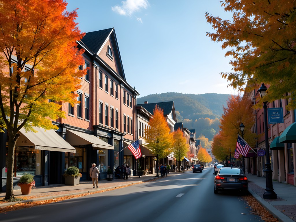 Montpelier's Main Street lined with colorful boutiques and fall foliage
