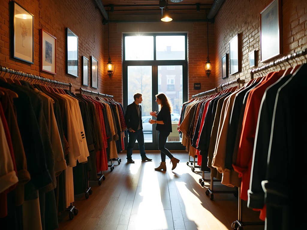 Woman browsing vintage clothing racks in a stylish Mile End boutique with autumn light streaming through windows