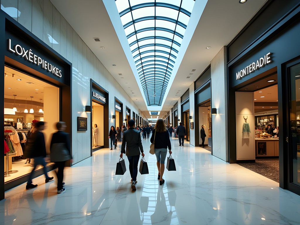 Elegant shopping corridor in Montreal's Underground City with luxury boutiques and well-dressed shoppers