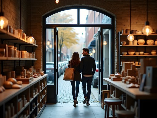 Couple shopping in a charming artisanal boutique on cobblestone street in Old Montreal during fall