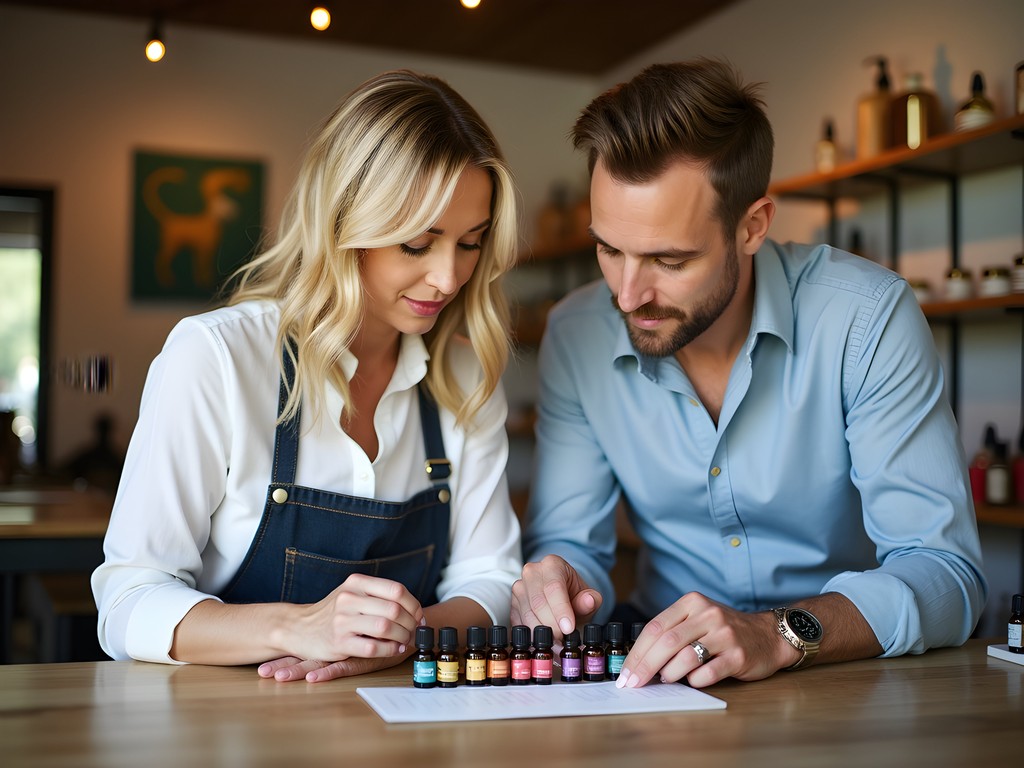 Couple creating custom fragrances at Palmetto Scent Studio in Mount Pleasant