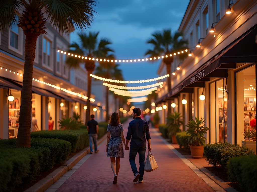 Evening shopping at Mount Pleasant Towne Centre with string lights and couples