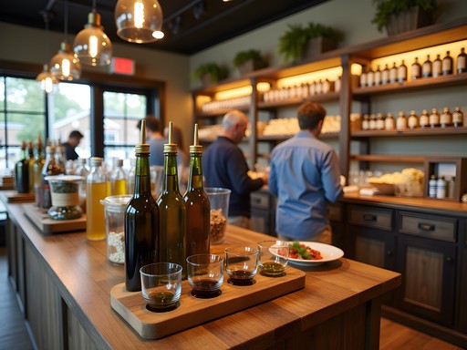 Artisanal olive oil and spice display in a Naperville specialty food shop