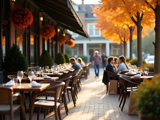 Outdoor dining area at a Naperville restaurant with autumn decorations and shopping bags at tables