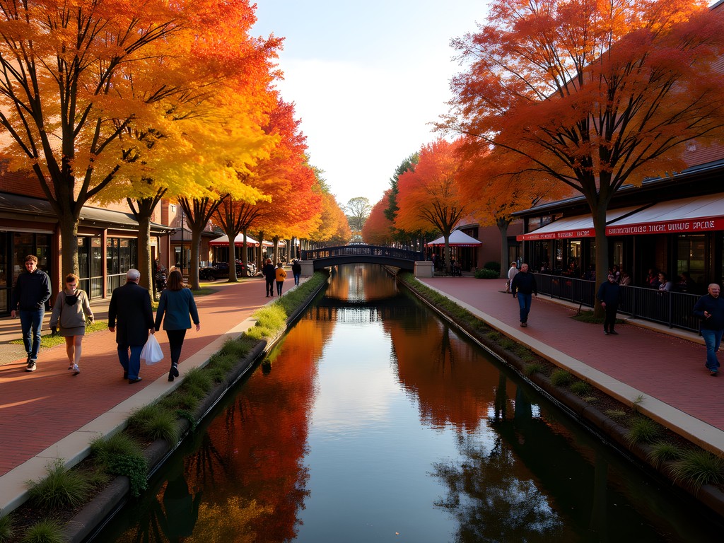 Naperville Riverwalk in autumn with colorful foliage and shoppers exploring riverside stores