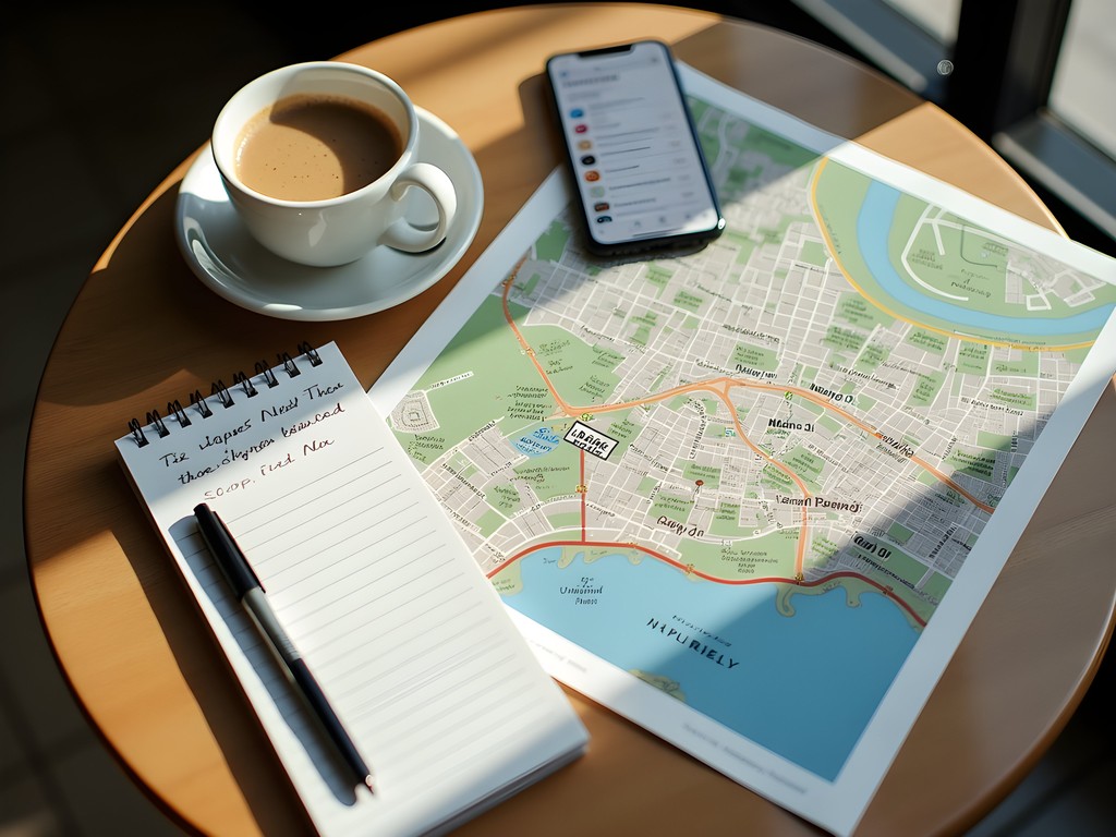 Shopping planning session with map, coffee, and shopping list in Nashua café