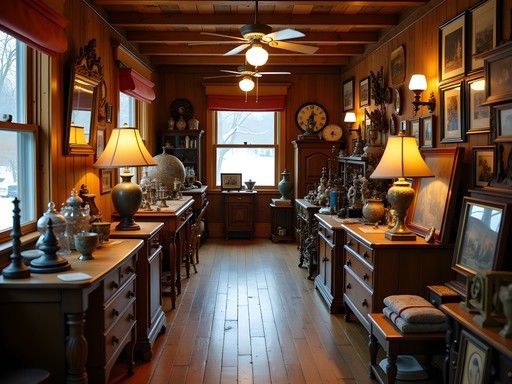 Cozy interior of an antique store in Norfolk with vintage furniture, collectibles, and warm lighting creating a nostalgic winter shopping atmosphere