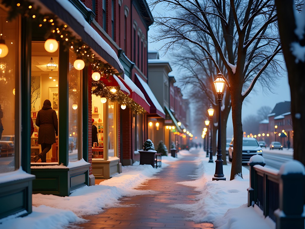 Historic downtown Norfolk boutiques decorated for winter with snow-dusted storefronts and warm lighting