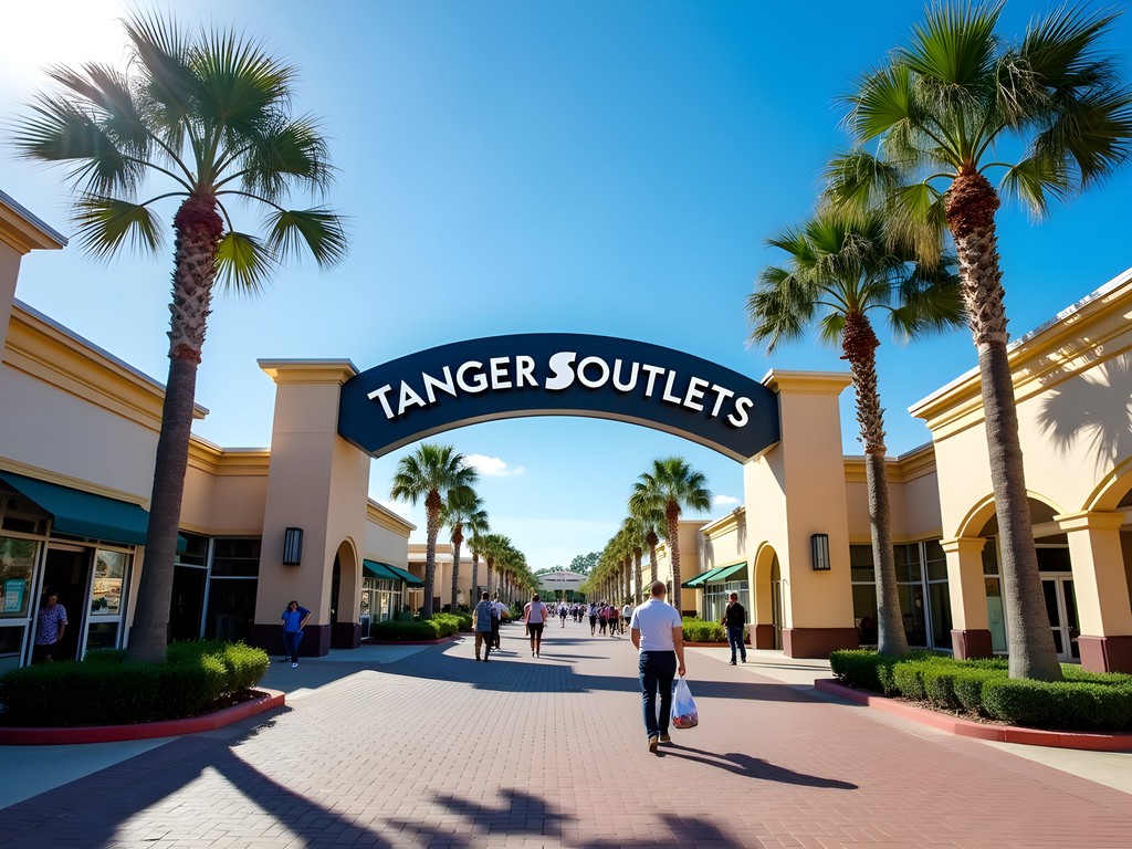 Entrance to Tanger Outlets North Charleston with palm trees and shoppers