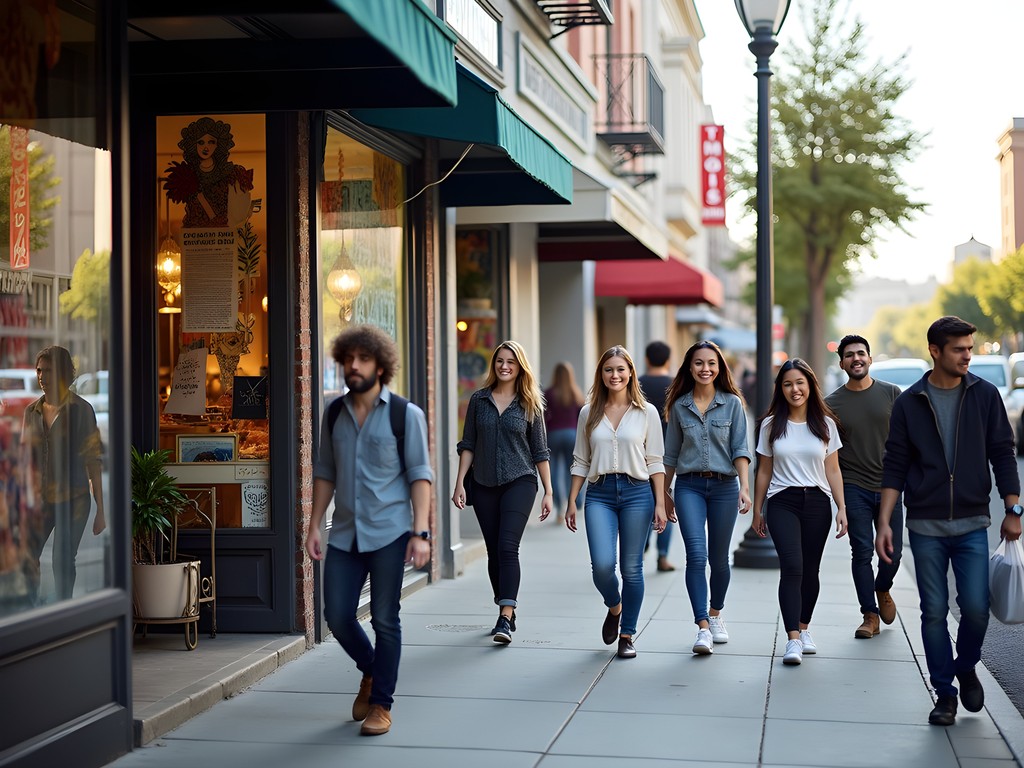 Street scene in Oakland California showing diverse shoppers and independent retail storefronts