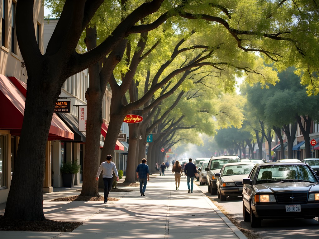 Tree-lined Piedmont Avenue in Oakland with independent shops and pedestrians