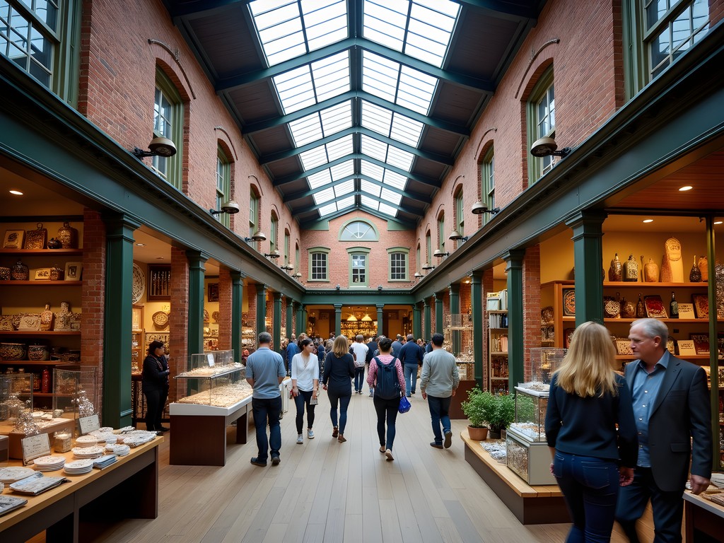 Interior of historic Swans Market in Oakland with skylights and artisan vendor stalls