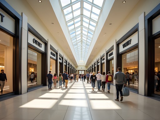 Interior view of Great Plains Outlet Mall showing organized store layouts and wide corridors