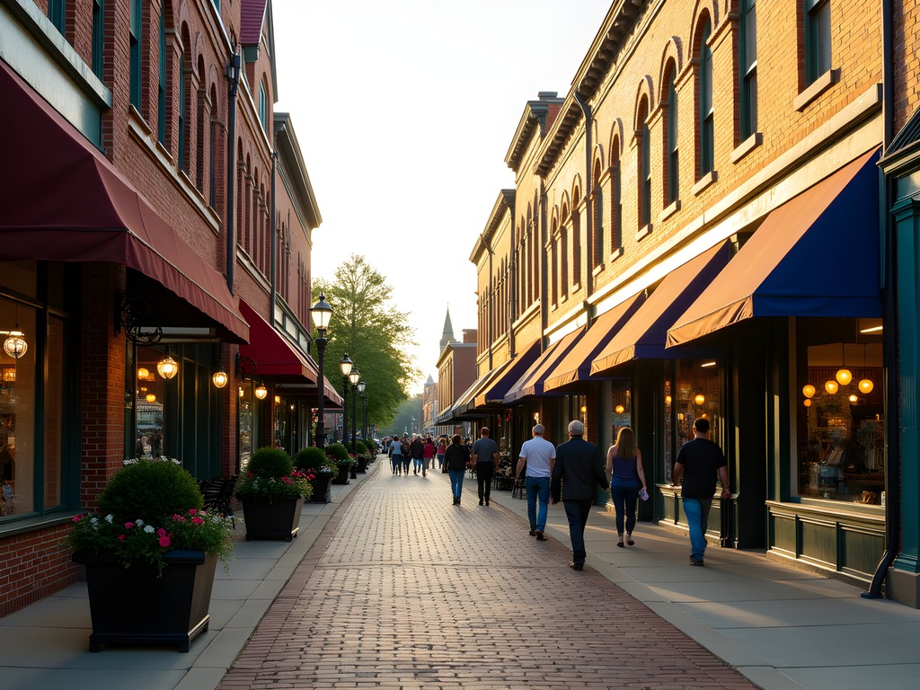 Historic brick storefronts with colorful awnings lining the main street of Old Town Olathe