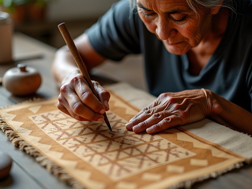 Samoan artisan demonstrating traditional tapa cloth painting techniques