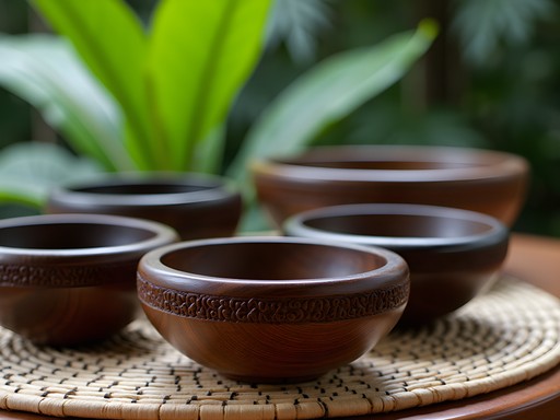 Hand-carved Samoan ava bowls displayed at Tisa's Barefoot Bar