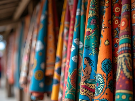 Colorful hand-painted story cloths and textiles at Mama's Handicraft Market in Port Vila