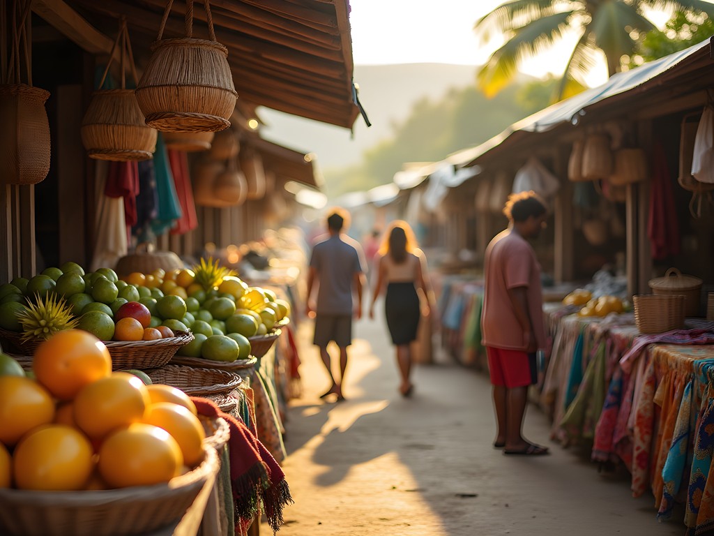Early morning light streaming through Port Vila central market with colorful produce displays
