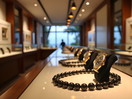 Elegant duty-free jewelry shop in Port Vila displaying local black pearls and international brands