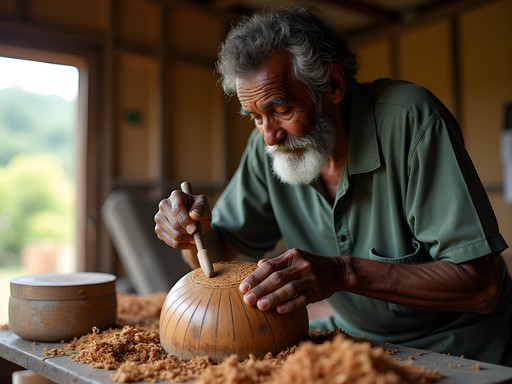 Ni-Vanuatu master carver creating intricate wooden tamtam drum in Port Vila