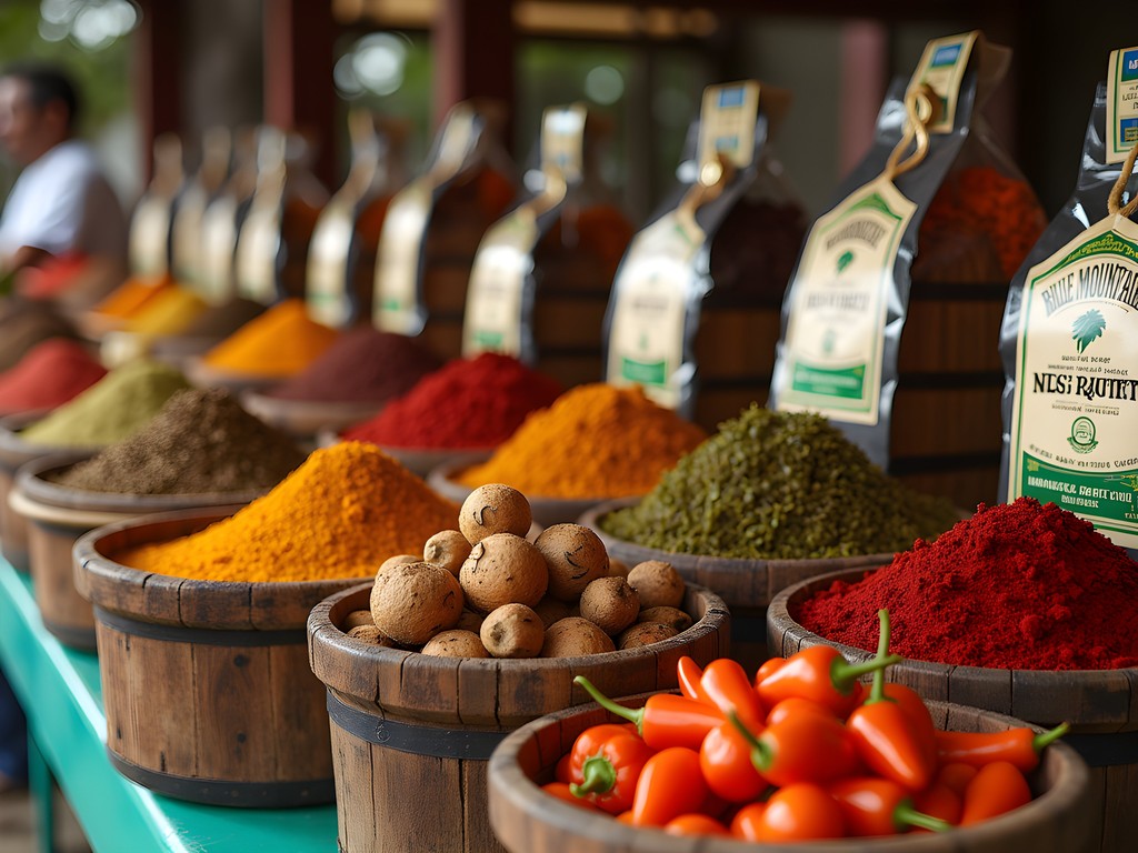 Colorful display of authentic Jamaican spices and coffee at Portmore market