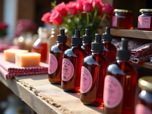 Traditional display of Bulgarian rose products including oils, soaps, and rose water near Rila Monastery