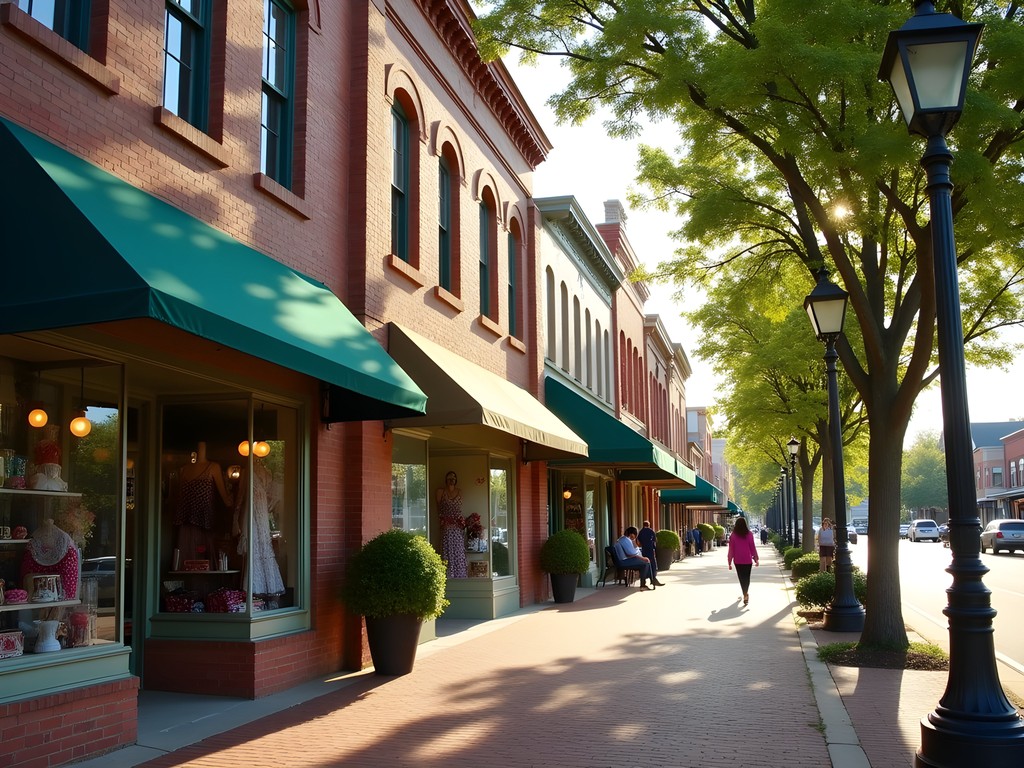 Historic downtown Rogers Arkansas First Street with brick buildings, boutique shops, and pedestrian-friendly sidewalks