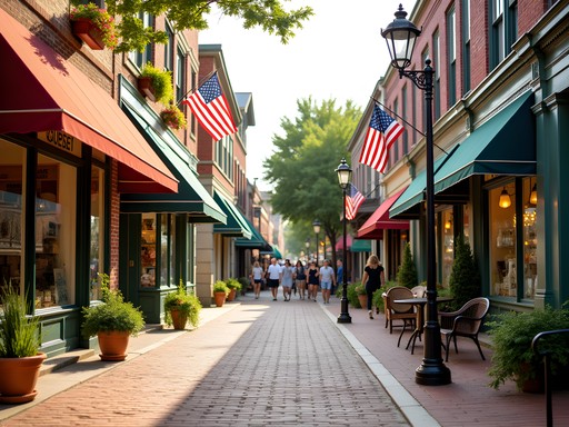 Charming brick-paved street with boutique shops in Historic Downtown Rogers Arkansas