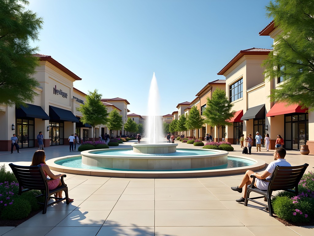 Family relaxing by the central fountain at Pinnacle Hills Promenade shopping center in Rogers Arkansas