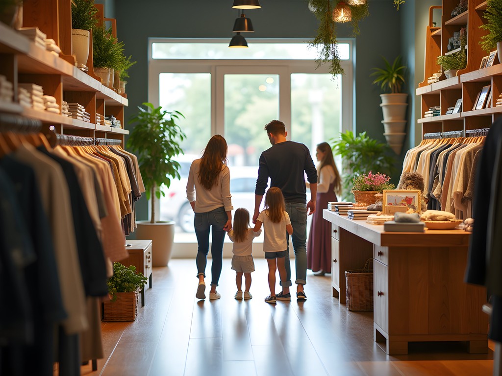 Family exploring a curated retail space with children's section at specialty store in Rogers