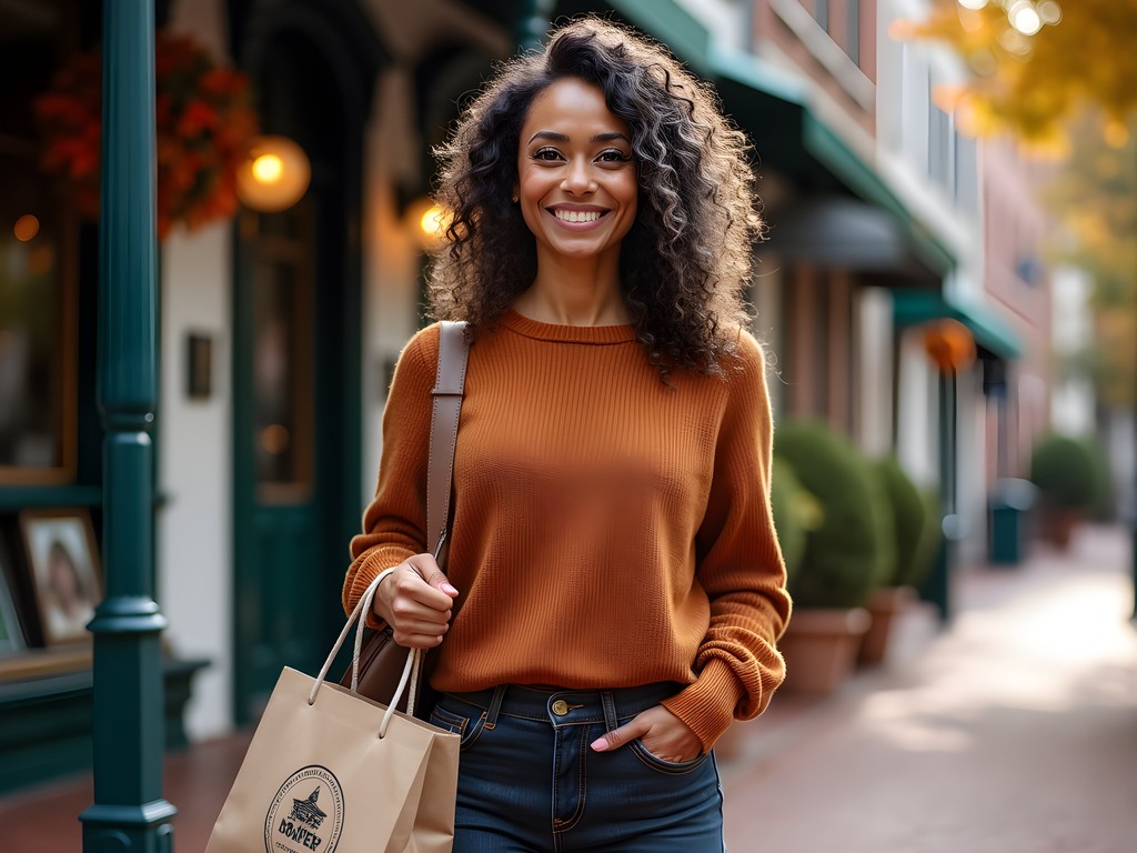 Environmental consultant Fatima Simpson holding sustainable shopping bags on Canton Street in Roswell Georgia