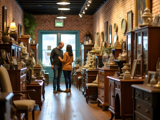 Couple browsing vintage furniture and antiques in historic Roswell Georgia antique mall
