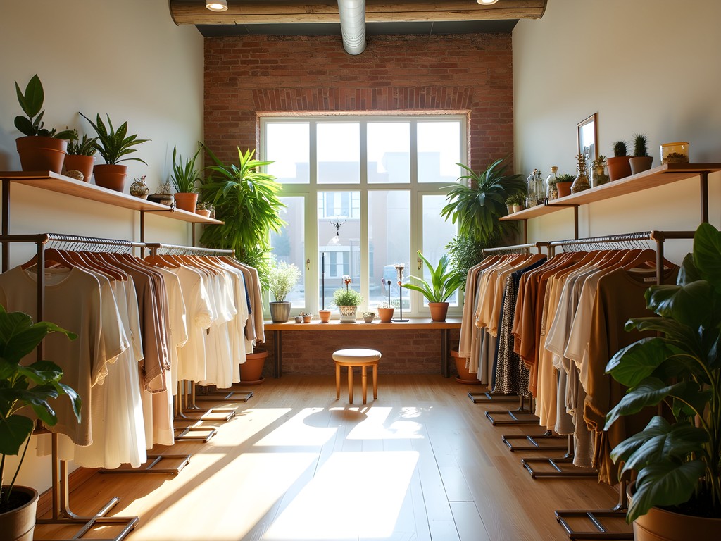 Interior of eco-friendly boutique in Roswell Georgia with sustainable clothing displays and natural lighting