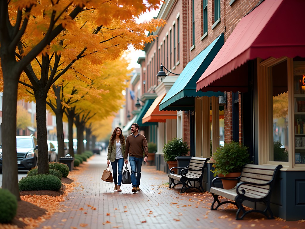 Historic Canton Street in Roswell Georgia lined with colorful boutique storefronts during fall season