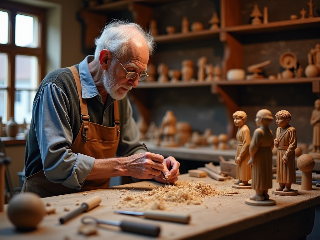 Traditional woodcarver working in his Rothenburg workshop with medieval tools