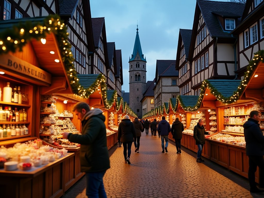 Rothenburg Christmas Market illuminated at dusk with medieval architecture