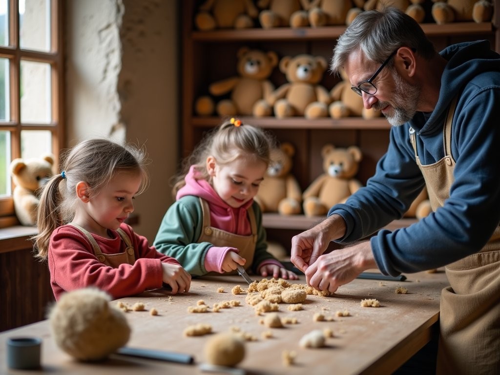 Family creating custom teddy bears in Rothenburg's traditional workshop