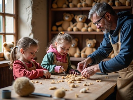 Family creating custom teddy bears in Rothenburg's traditional workshop