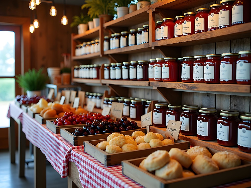 Display of artisanal cherry products at a Door County farm market