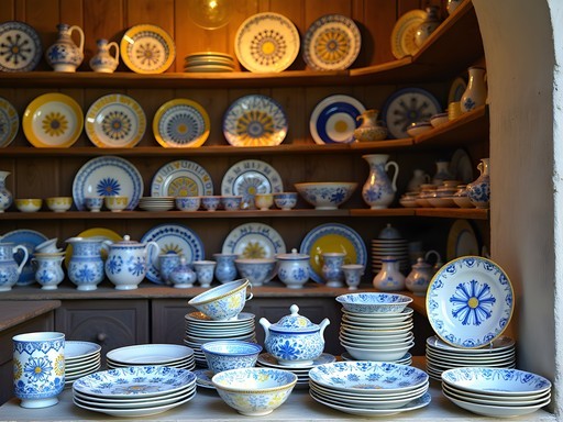 Colorful traditional ceramics displayed in a San Gimignano artisan shop