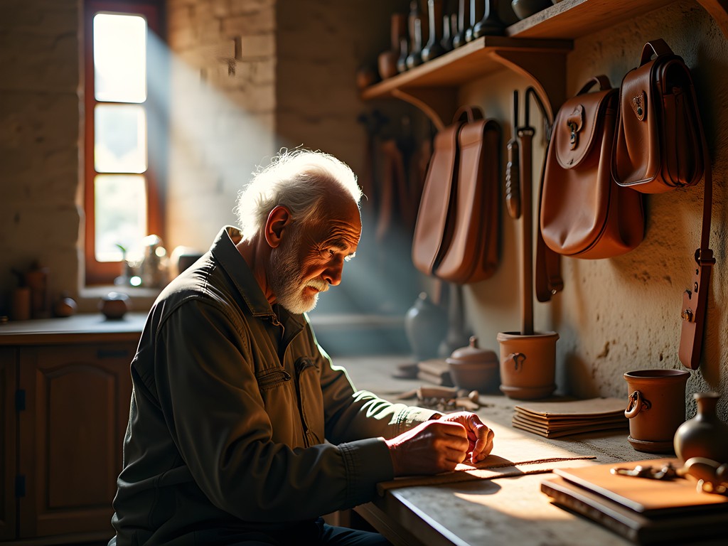 Traditional leather workshop in San Gimignano with artisan at work